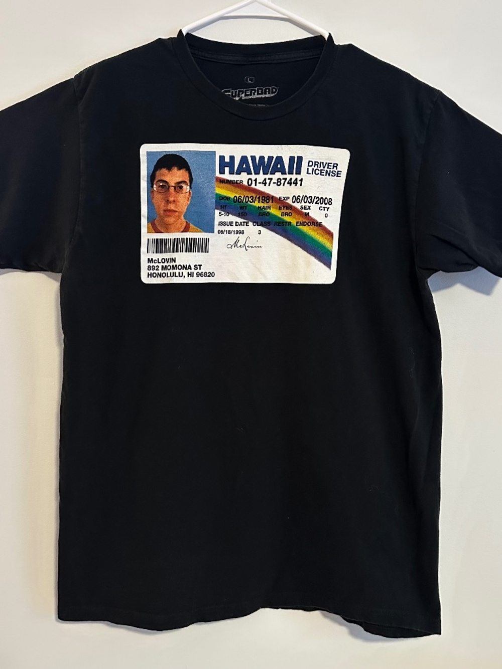 McLOVIN License Superbad Movie Graphic Print T-Shirt Large Blck Y2K Short Sleeve
